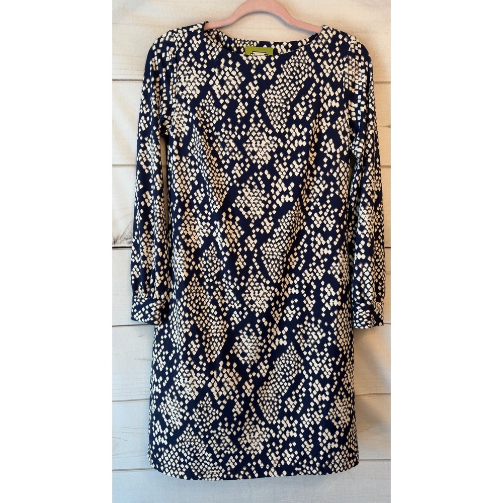 Elizabeth McKay Navy White Snakeskin Print Long Sleeve Shift Dress Gold Buttons